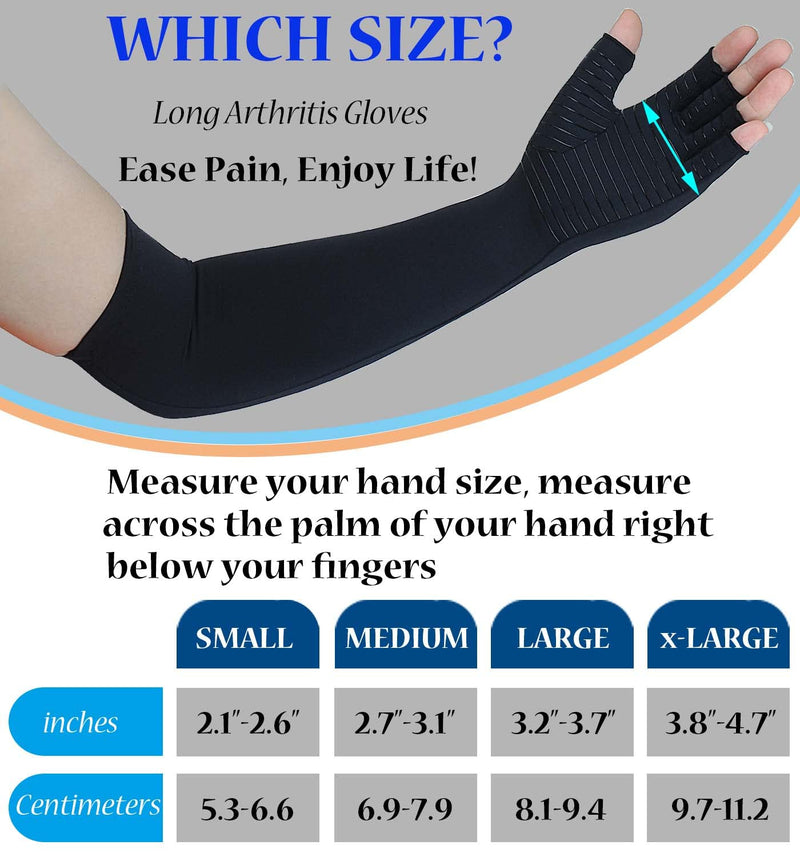 [Australia] - Long Arthritis Compression Gloves for Women Men, Copper Gloves for Joint Pain Relief, Swelling, RSI, Fingerless Carpal Tunnel Glove for Work, Computer Typing, Support Hands, Wrist and Arms (Large) Large Black 