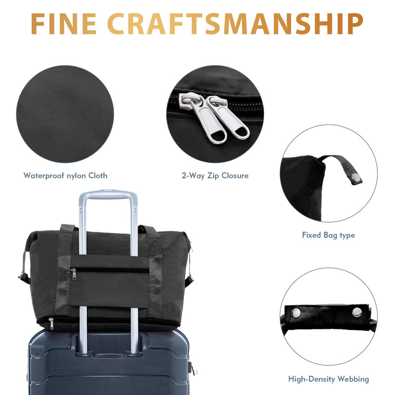 Oflamn Large Capacity Foldable Travel Carry On Duffel Tote Bag with Trolley Sleeve for Airplanes, Toiletry Bags for Women Men Black