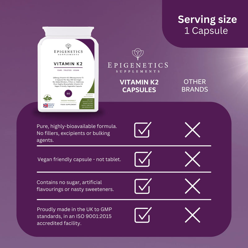 Vitamin K2 | 100mcg High Strength Vitamin K2 (Menaquinone-7) | 90 Vegan Capsules UK Made | 1 Capsule Daily (3 Month Supply), Natural Ingredients