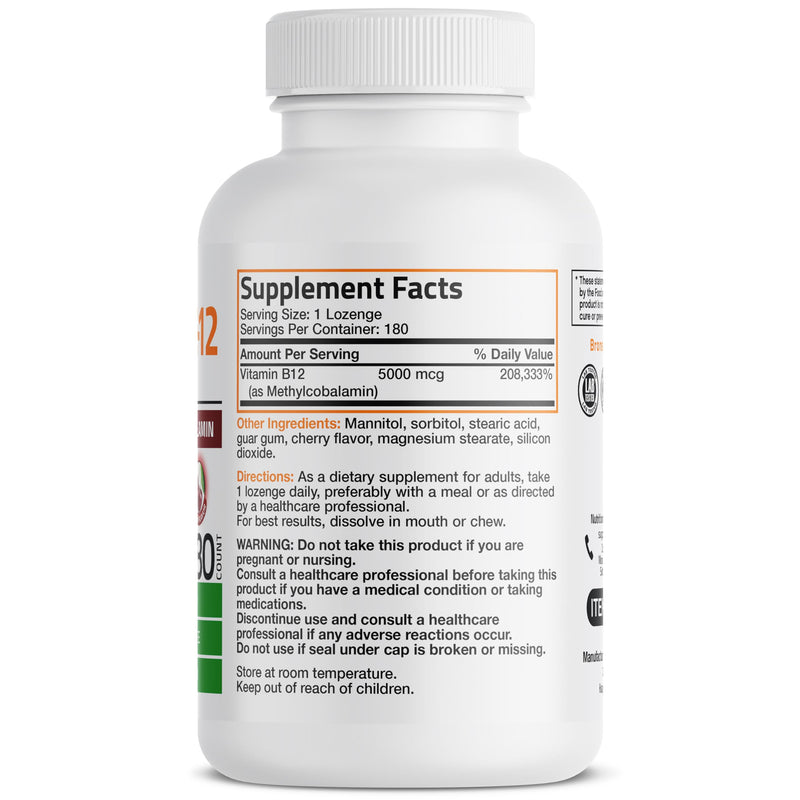 Bronson Methyl B12 5000 mcg Methylcobalamin Sublingual, 180 Lozenges | Fast Dissolve Cherry Flavor, Energy, Brain & Nervous System Support, Vegan, Non-GMO, Gluten-Free & Soy-Free 180 Count (Pack of 1)
