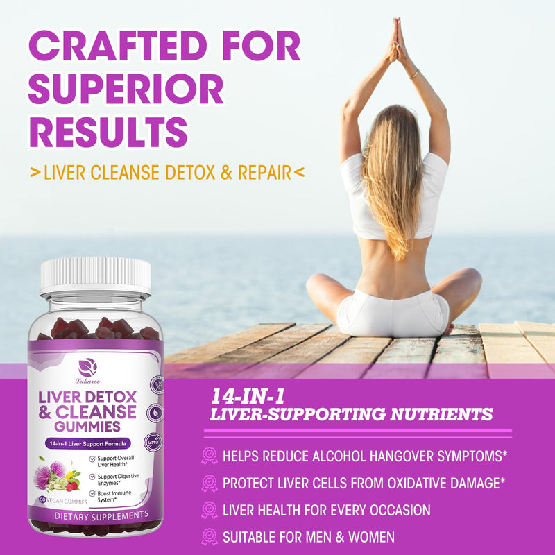 Liver Cleanse Detox & Repair Gummies - Extra Strength 14 in 1 Liver Support Supplement w/Milk Thistle Silymarin,Dandelion, Artichoke Extract & Elderberry -No Sugar, Liver Health Supplement -120 Ct