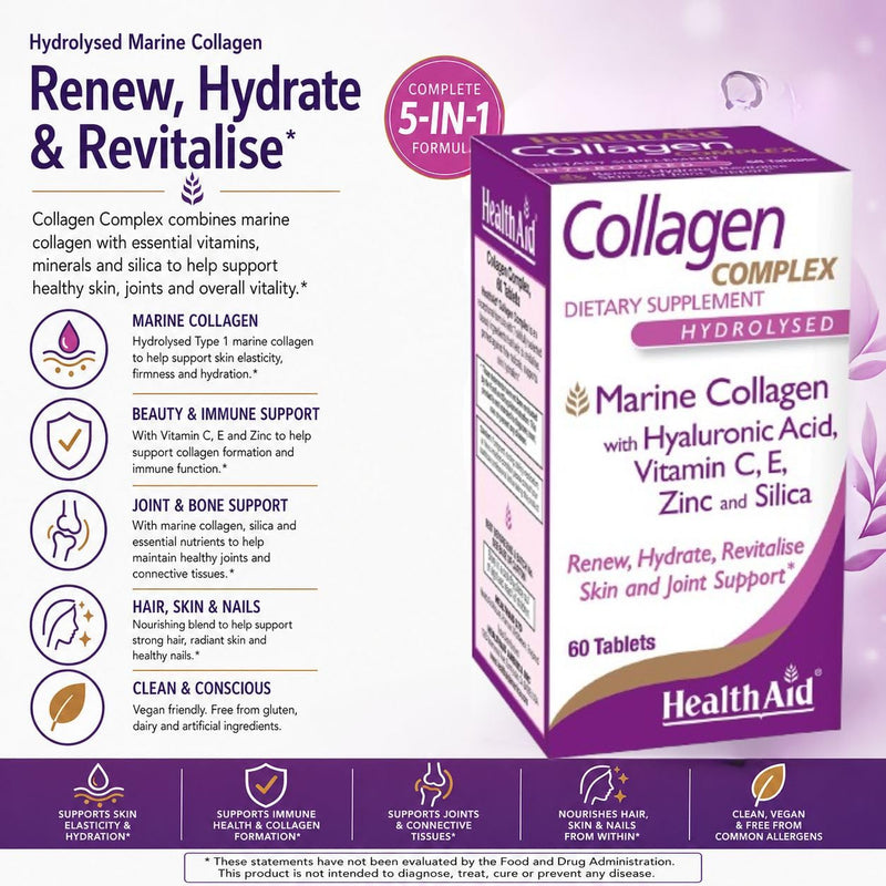 HealthAid Marine Collagen Complex – Hydrolyzed Collagen with Hyaluronic Acid, Vitamin C, E & Zinc – Supports Skin Hydration, Elasticity & Healthy-Looking Skin – 60 Tablets (2 Daily)*