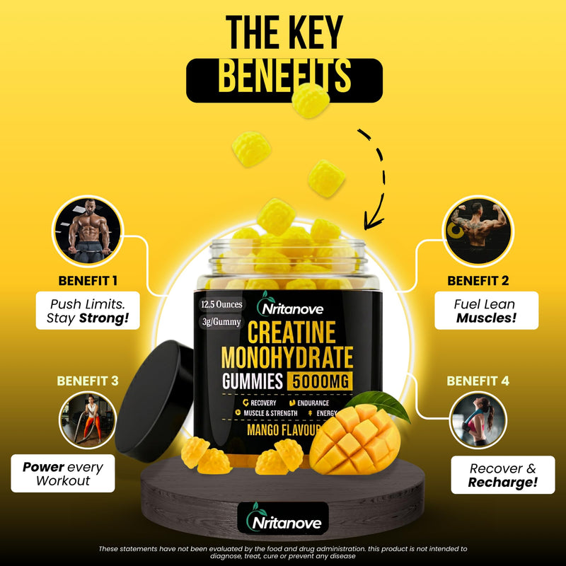 Sugar-Free Creatine Monohydrate 5000mg Gummies, 120 Count, Mango Flavour, High-Strength Creatine Gummy Supplement for Workout & Gym Support for Men & Women