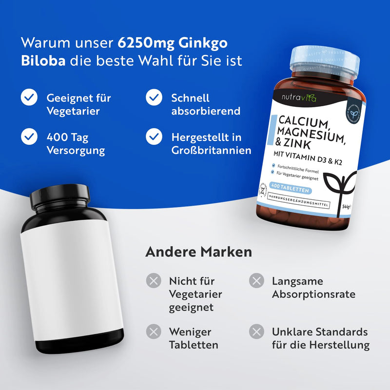 [Australia] - Calcium Magnesium Zinc - 400 high-dose vegetarian tablets (6 months) - Magnesium oxide with vitamin D3, K2, selenium, manganese - Complex with 600 mg calcium per daily dose - Bones + Muscles - Nutravita 