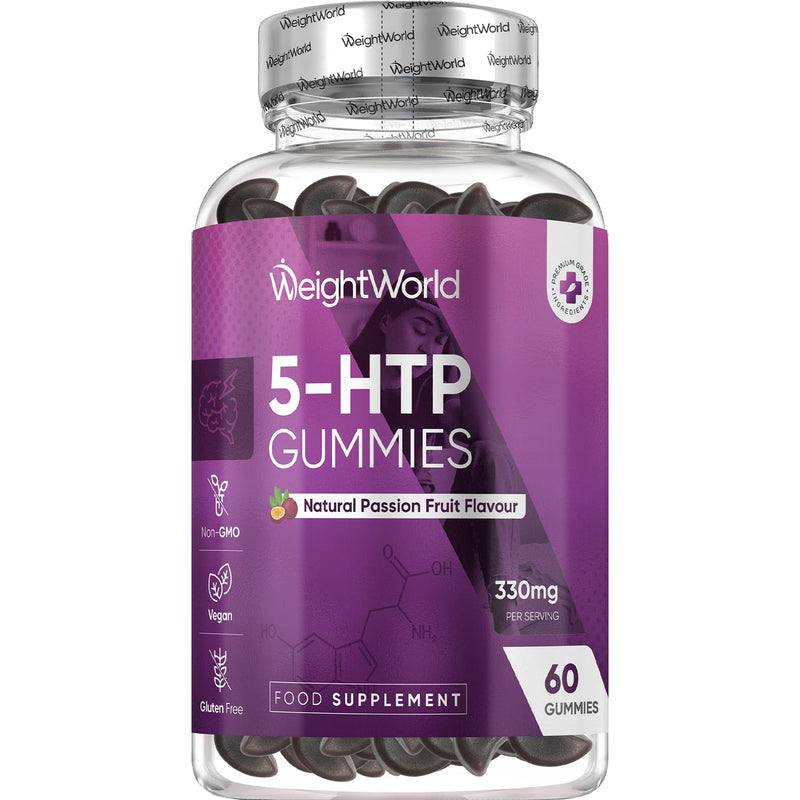 WeightWorld 5 HTP Supplement - 330mg per Serving - 60 Gummies - with Lemon Balm & L-Tryptophan - 2 Gummies a Day - 1 Month Supply - Natural Passion Fruit Flavour - 5-HTP Supplement - Vegan-Friendly