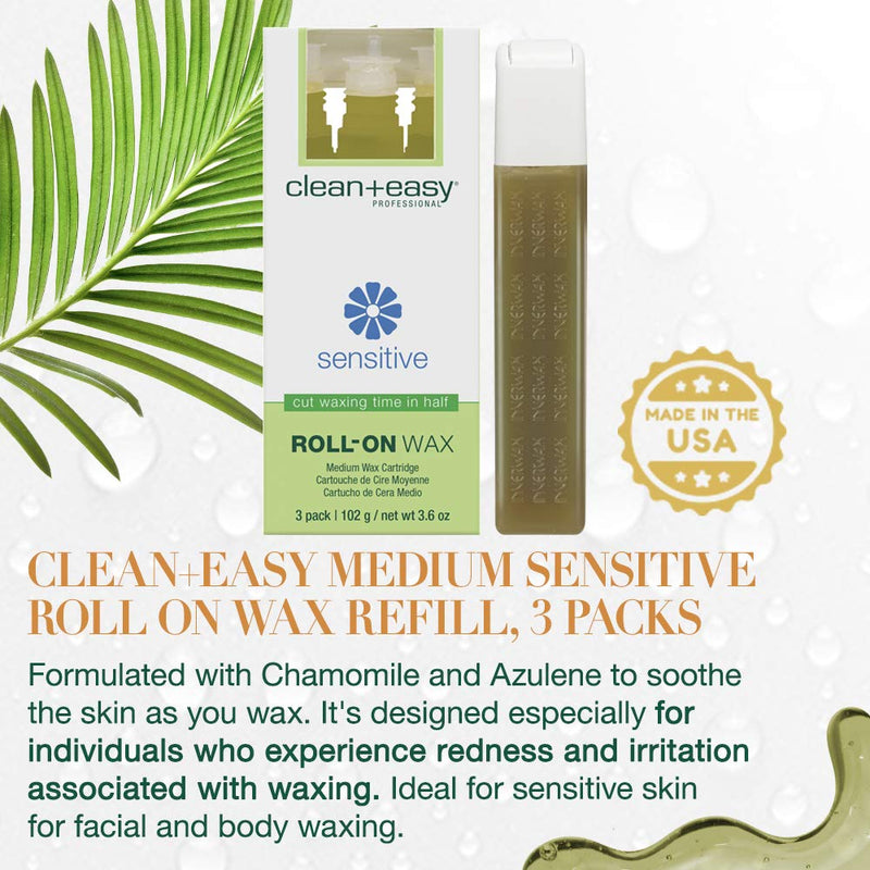 [Australia] - Clean + Easy Sensitive Roll On Wax Refill – Medium Wax Cartridge Refill for Face & Body Hair Removal, Soft Wax for Sensitive Skin, Hygienic Waxing, 3-Pack 3 Pack 