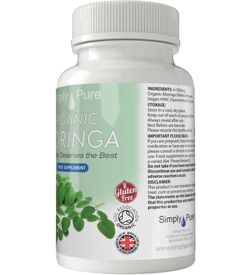 Organic Moringa Oleifera for Heart Health | 500mg Capsules x 90 | 100% Pure Soil Association Certified | Gluten Free | GM Free | Vegan