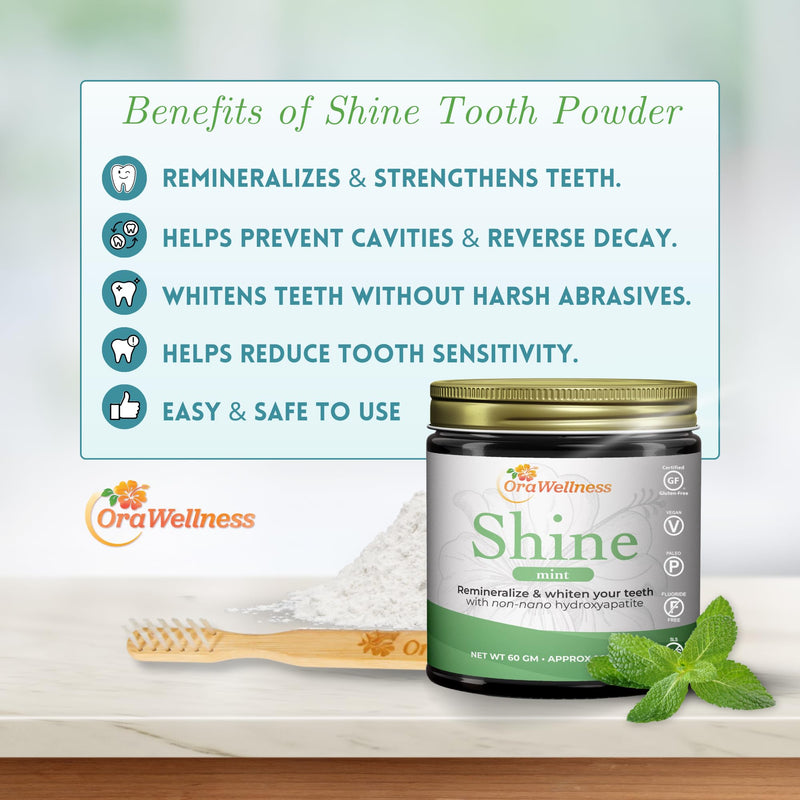 OraWellness Shine Remineralizing Tooth Powder with Hydroxyapatite, Mint | Fluoride Free, Made in the USA, Natural Teeth Whitening Powder with Microcrystalline Hydroxyapatite, Helps Remove Stains