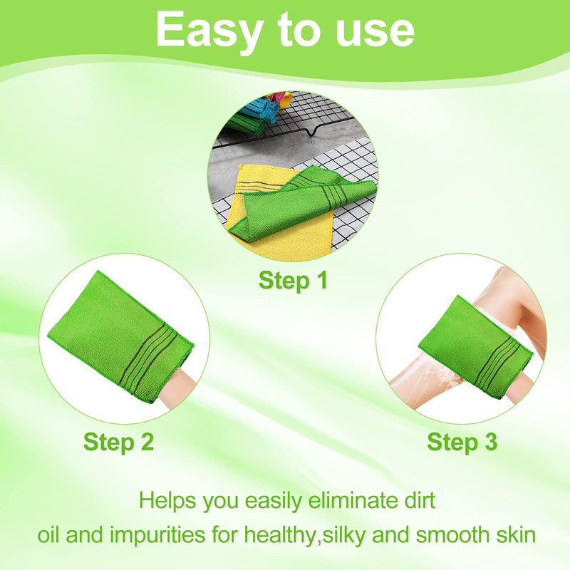 [Australia] - Pack of 12 Korean Exfoliating Gloves for Body Peeling Italy Towel Exfoliating Washcloths Korean Exfoliating Cloth Bath Body Exfoliating Bath Towels for Shower (Yellow, Green, Blue, Pink, L) 12 pieces (1 pack) Yellow, Green, Blue, Pink 