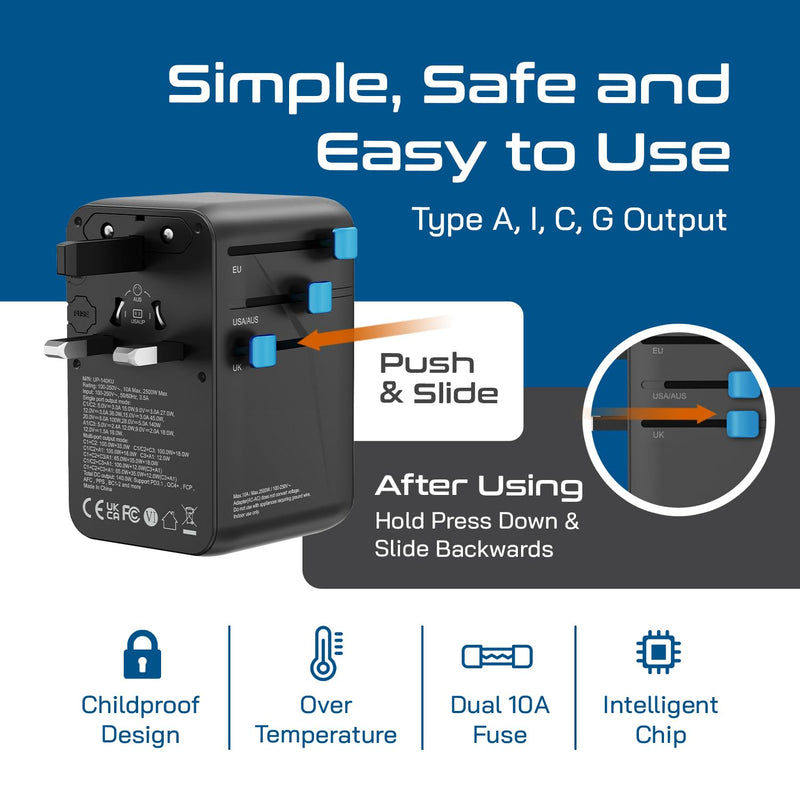 Ceptics 6 in 1 International Power Adapter with PD 140W USB-C, 1x USB-A, 3X Type C, Universal Input and 1x USA/JP Input with Type A, C, G, I Plug outlets for Global Travel – CE & RoHS Certified Black/Blue