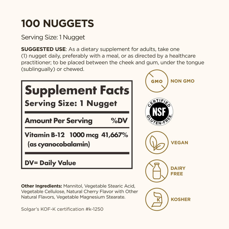 Solgar Vitamin B12 1000 mcg, 100 Nuggets, Energy Production Red Blood Cells | Healthy Nervous System, Promotes Cardiovascular Health, Vitamin B, Non-GMO, Gluten-Free, Kosher, 100 Servings 100 Count (Pack of 1)