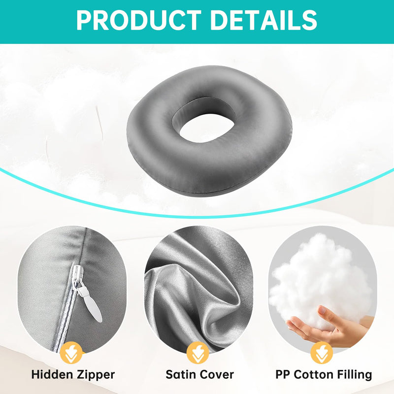 Ear Piercing Pillow for Side Sleepers - Silky Satin Piercing Pillow & Eye Mask Set with Ear Hole,CNH & Ear Pain Relief,Inflammation,Pressure Sores,Ear Guard,Washable Donut Pillow for Head Grey2