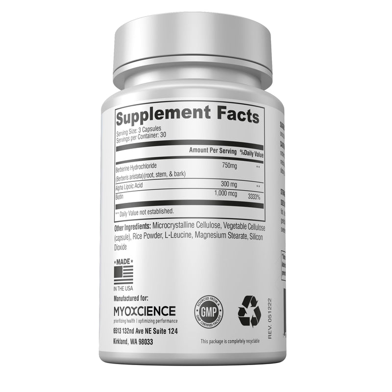 MYOXCIENCE Berberine Fasting Accelerator: Berberine HCL with ALA (Alpha Lipoic Acid) and Biotin, Capsule