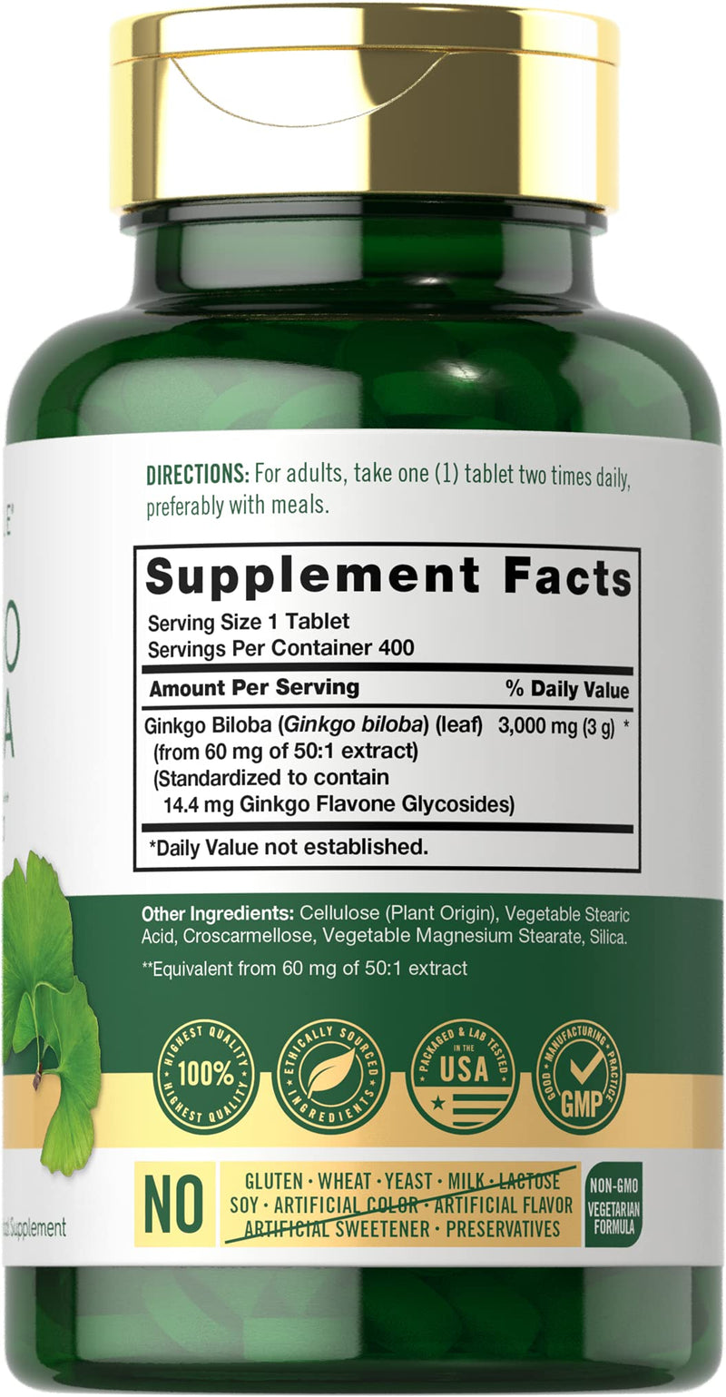 Carlyle Ginkgo Biloba 3000mg | 400 Tablets | Non-GMO, Gluten Free Supplement