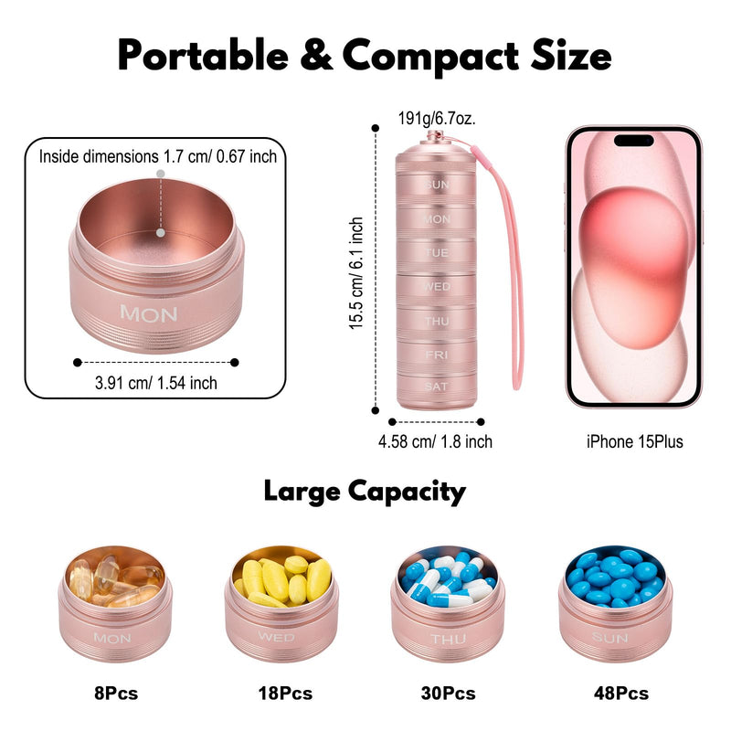 Metal Travel Pill Organizer Weekly - Waterproof Pill Box 7 Day Pill Case | Pill Container for Vitamin Medicine Supplements Fish Oil, Daily medicine Pill Organizer Pink L