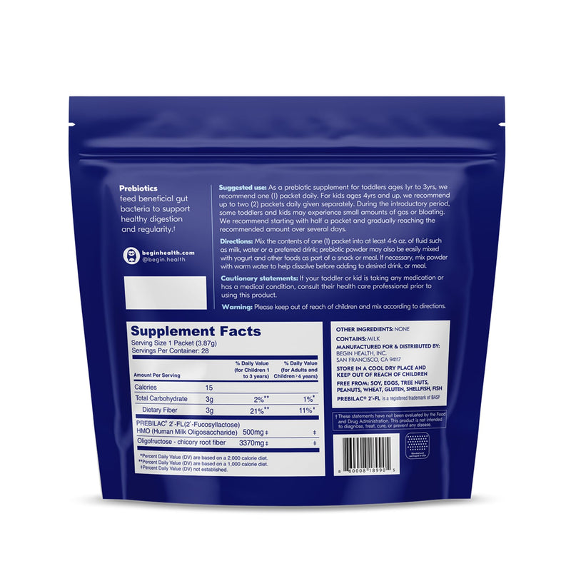 [Australia] - Begin Health Daily Growing Up Prebiotics 28-Pack - Kids Digestion Powder, for Constipation Prone Kiddos | Softens Stool for Easy Pooping | Fiber Rich w/Chicory Root, Tasteless & Textureless 