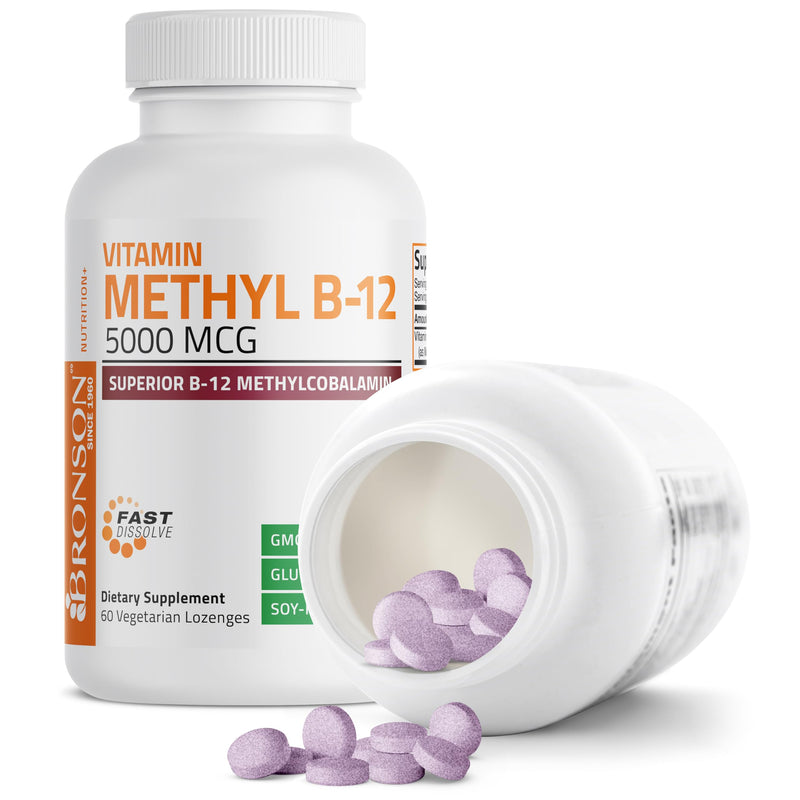 Bronson Methyl B12 5000 mcg Methylcobalamin Sublingual, 60 Lozenges | Fast Dissolve Cherry Flavor, Energy, Brain & Nervous System Support, Vegan, Non-GMO, Gluten-Free & Soy-Free 60 Count (Pack of 1)