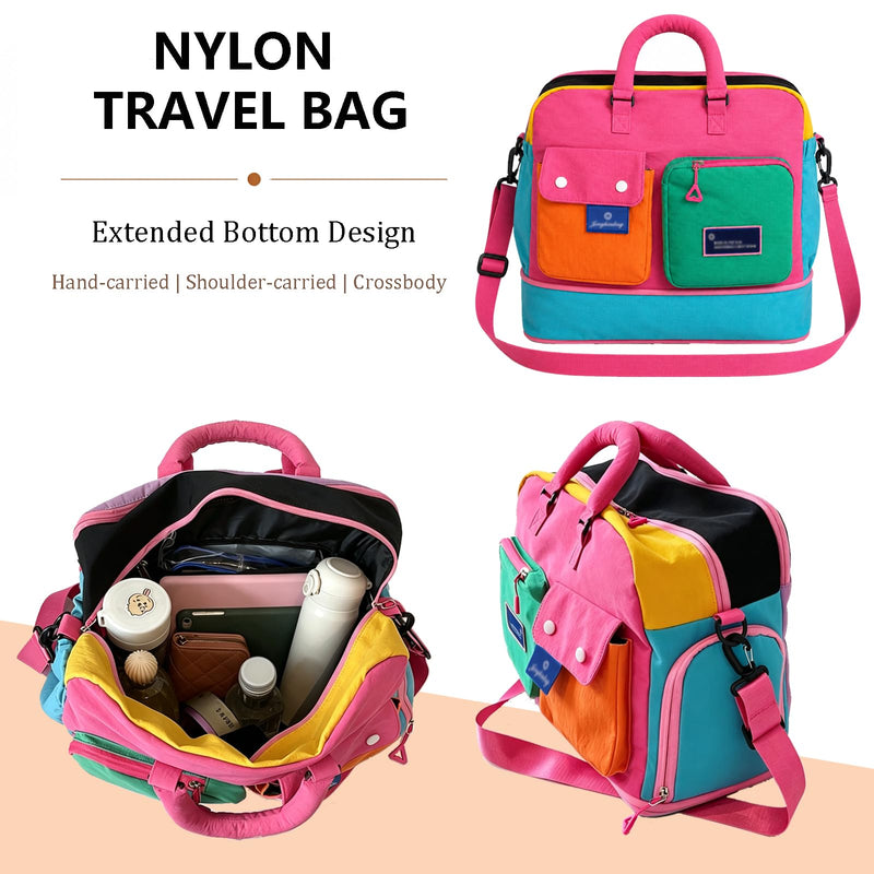 Women Color Block Travel Duffle Bag Large Multi Pockets Nylon Crossbody Purse Gym Hobo Shoulder Tote Handbag (Pink) Pink
