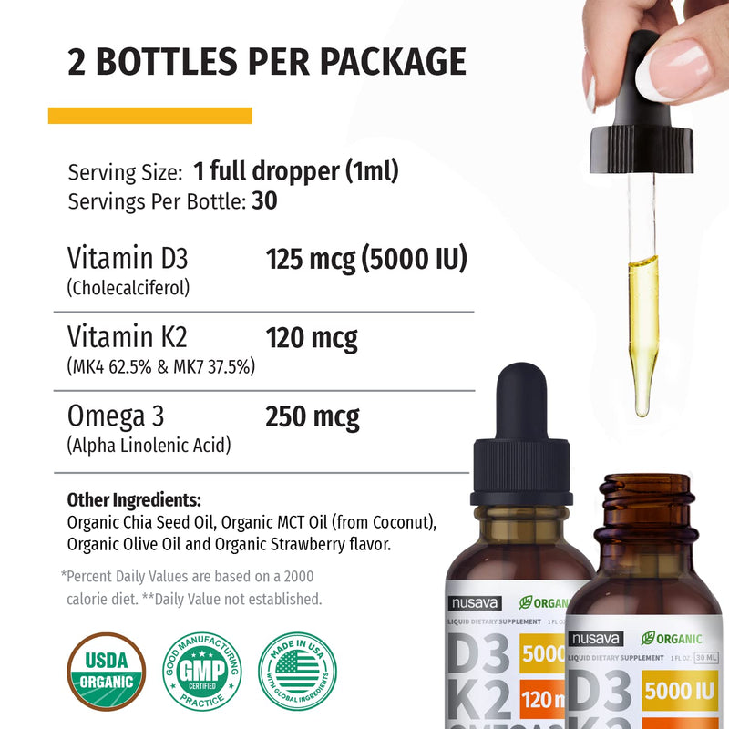 NUSAVA Strawberry Flavored D3 K2 Liquid Drops and Vanilla Flavored D3 K2 Liquid Drops Bundle - Potent Liquid Vitamins for Heart, Joint, Bone, Muscle, & Immune Support - Non-GMO, Gluten-Free, 2pk Each