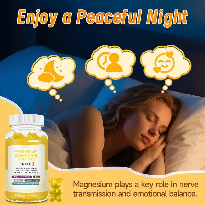 14-in-1 Magnesium Carbonate Gummies 600mg, Pineapple Flavor, 60 Gummies | Magnesium Carbonate Supplement with Chamomile, Ginger, Calcium, Vitamin B6, D3 & K2 for Digestive, Muscle & Nerve Support