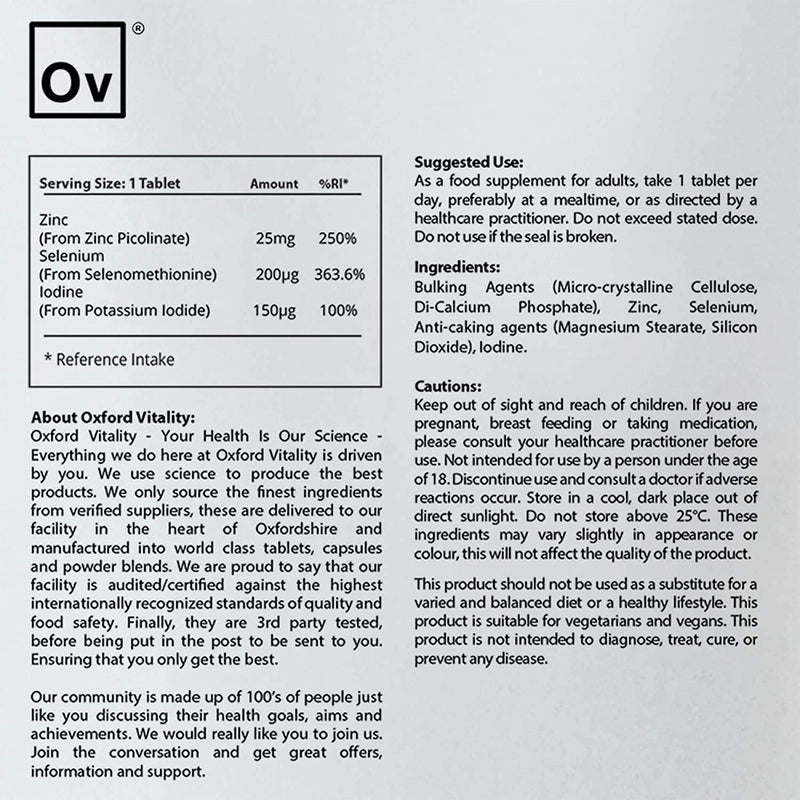 Oxford Vitality Zinc 25mg Selenium 200mcg & Iodine 150mcg Tablets | Mineral Supplement for Thyroid Skin Hair and Immune Support | Easy to Take Daily Tablets | Pack of 365