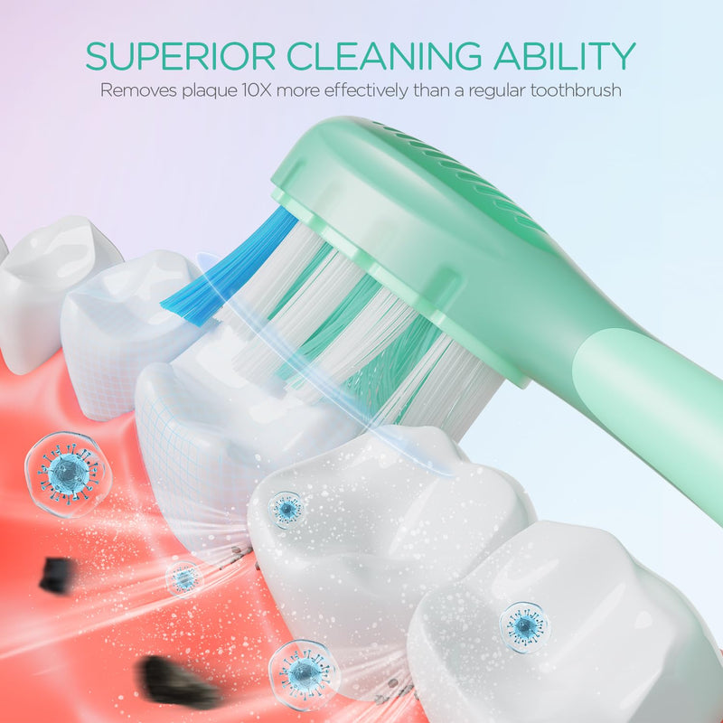 [Australia] - VOYOR-HEALTH Portable Electric Toothbrush - 90-Day Battery & IPX7 Waterproof, Fast-Charging Sonic Toothbrush with 6 Brush Heads & Smart Timer | Ultra Cleaning, Travel-Friendly Design | ET110 (Green) Green 
