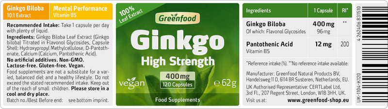 Greenfood Ginkgo Biloba, 400 mg Leaf Extract, high dose (24% flavones), 120 Capsules, with Vitamin B5 - revitalizes Tired Gray Cells. Without Artificial additives. Without Genetic Technology. Vegan.