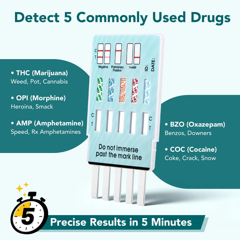 Easy@Home 5 Panel Urine Drug Test Kit, Multi Drug Screening Test, 5 Pack | THC/Marijuana, Cocaine, OPI, AMP, BZO All Drugs Testing in One - Home Use Drug Tests with Results in 5 Mins #EDOAP-754 5 Count (Pack of 1)