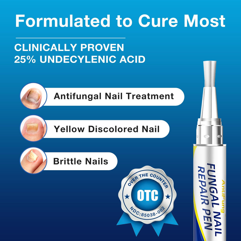 Toenail Fungus Treatment Extra Strength - AntiFung Pen - Maximum OTC with 25% Undecylenic Acid - for Damaged Nails, Ingrown Nails & Discoloration - 3-Pack Applicator Pen 1 Fl Oz (Pack of 3)