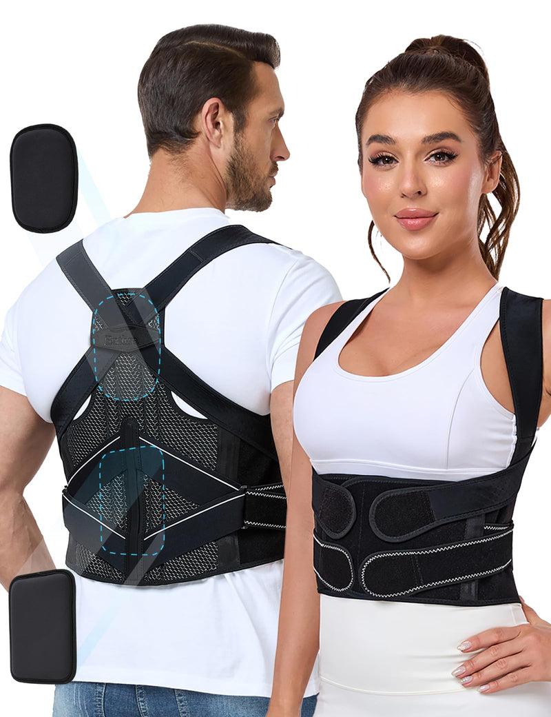 [Australia] - Posture Corrector for Women and Men with Bionic System, Precise Full Back Support Back Brace for Upper and Lower Back Pain Relief with Two 3D Pads Black M (Waist 32''-40'') 