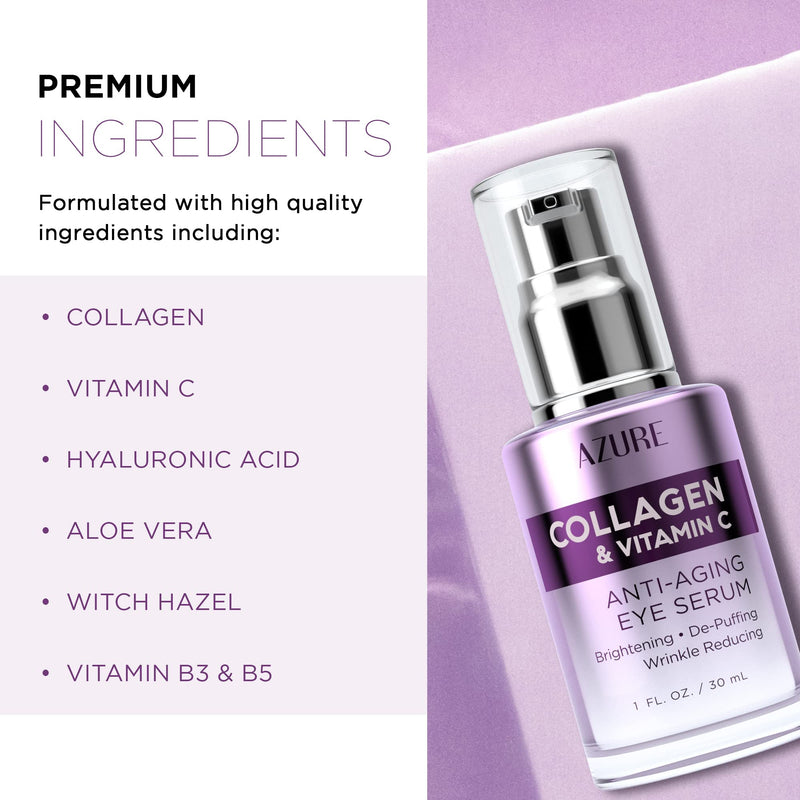 Azure Cosmetics Collagen & Vitamin C Anti Aging Eye Serum - Toning, De-Puffing Serum - Reduces Wrinkles, Fine Lines & Dark Circles - Minimizes Fatigue - Skin Care Made in Korea - 30mL / 1 fl.oz. Vitamin C & Collagen
