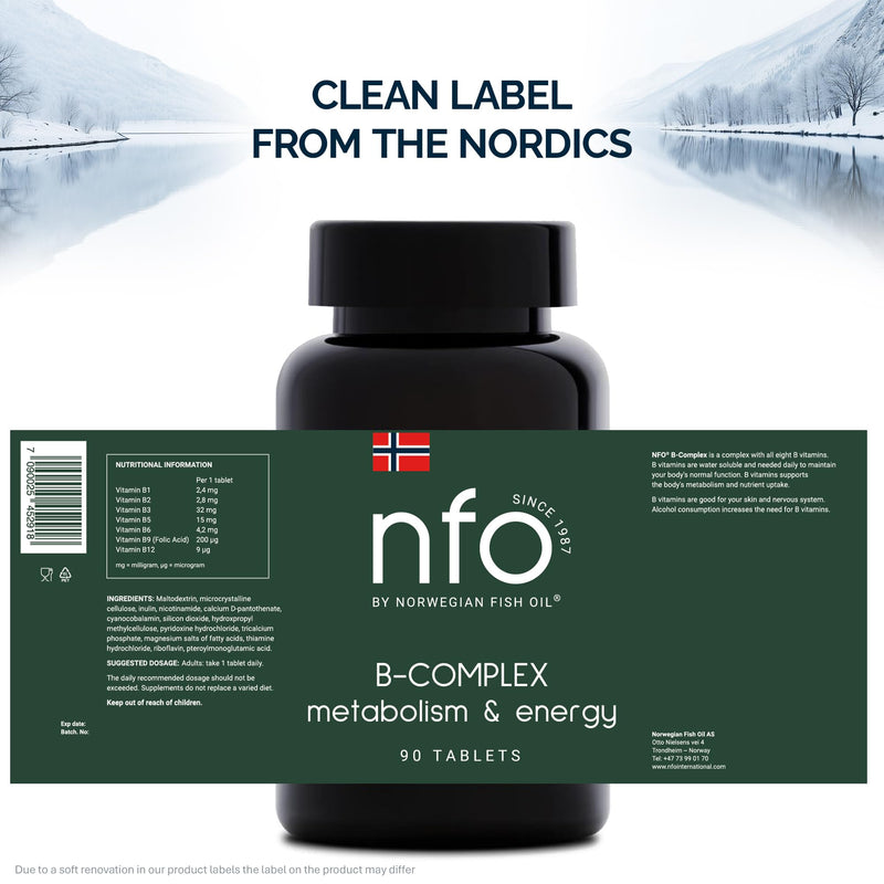 NFO Vitamin B Complex [90 Tablets] Norwegian Fish Oil Natural High-Dose Complex of Multivitamins of Group B in an Easily Accessible Form: B1, B2, B3, B5, B6, B9, B12 for Men and Women Made in Norway