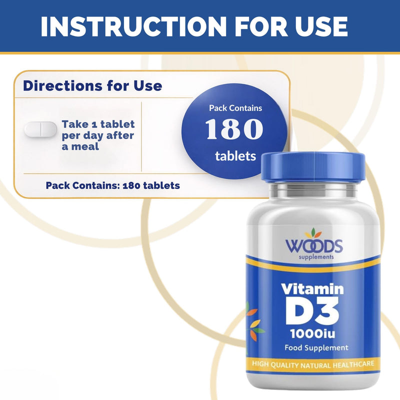 Woods Supplements - Vitamin D3 1000iu 180x Tablets of High Strength Vitamin D Supplement for Healthy Bones & Teeth. Contributes to Immune Support and Normal Muscle Function 180