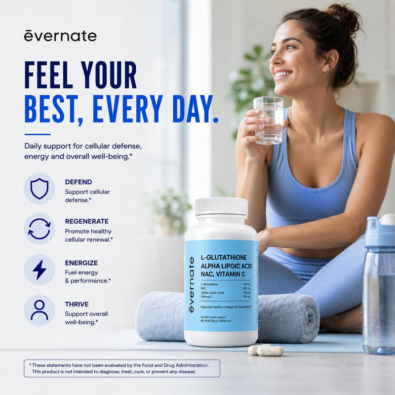 Evernate 4-in-1 L-Glutathione 700mg with NAC 400mg, Alpha Lipoic Acid 200mg & Vitamin C – Skin Brightening, Liver Detox, Immune Support & Antioxidant Defense – 60 Vegan Capsules