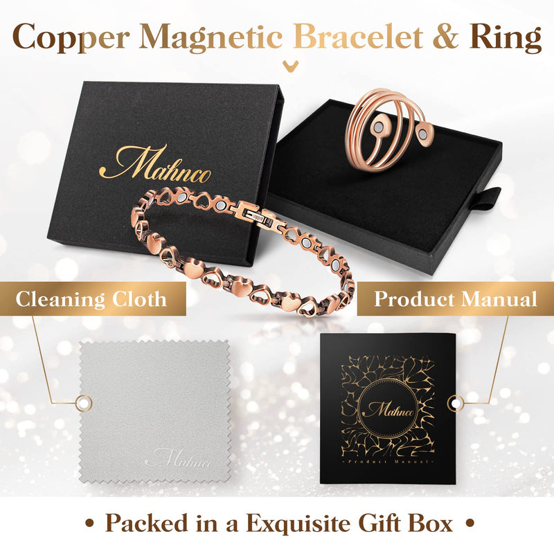 [Australia] - Magnetic Copper Bracelets for Women Lymph Detox Magnetic Bracelets, 100% Solid Pure Copper Bracelet with 3500 Gauss Magnets & Lymphatic Drainage Ring with Adjustment Tool Love Heart 
