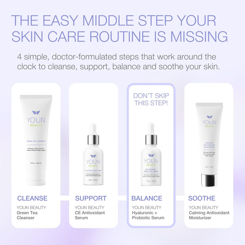 YOUN Beauty Hyaluronic + Probiotic Face Serum by Dr. Anthony Youn, 30 ML – For Intense Hydration, Radiance Boost, & Skin Renewal – Contains Plant-Based Hyaluronic Acid, Yogurt Extract, Vitamins C & E