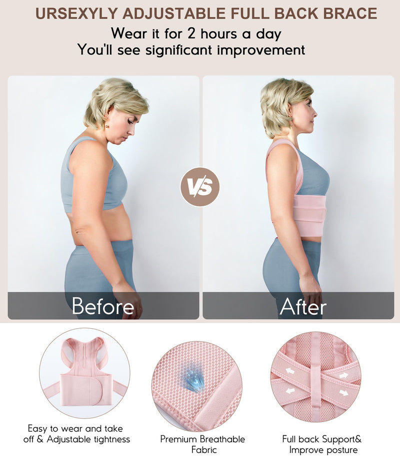 URSEXYLY Back Brace Posture Corrector for Women Adjustable Shoulder Straightener Full Back Support Upper,Lower Back Pain Relief,Spine Straightener Posture Corrector (Pink, Large) Pink