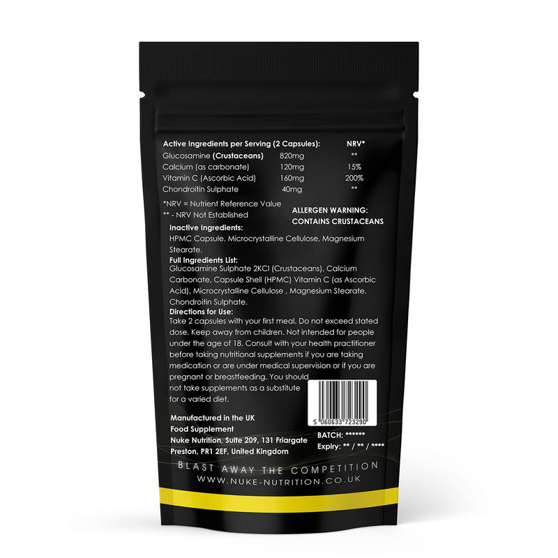 Nuke Nutrition High Strength Glucosamine with Chondroitin - Pure Joint Supplements Complex for Men & Women to Support Bones - 60 Capsules