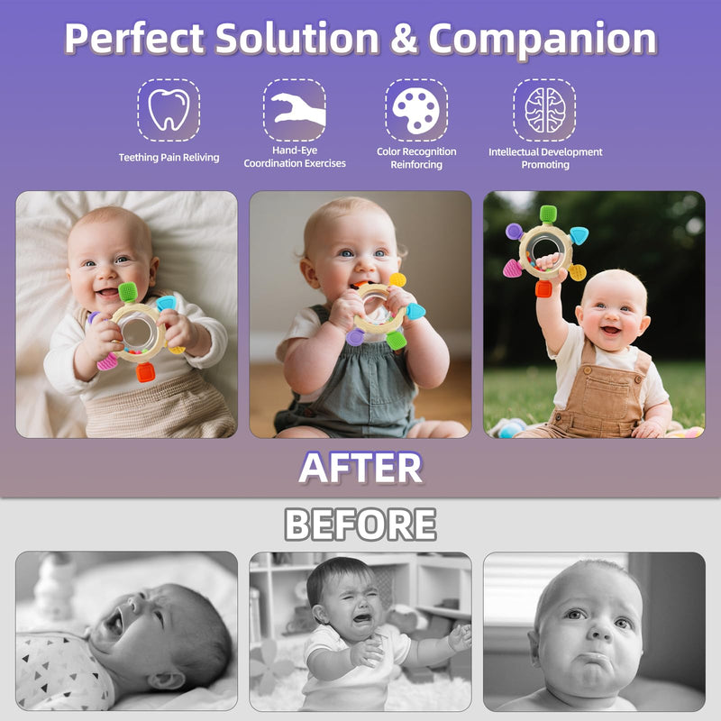 [Australia] - Baby Teething Rings Toys for 0-6 6-12 Months Baby Rattle Teether Sensory Toys for Babies 0-24Months Silicone Teether Relief Chew Soothing Sore Gums for Newborn Infant Essentials BPA Free 