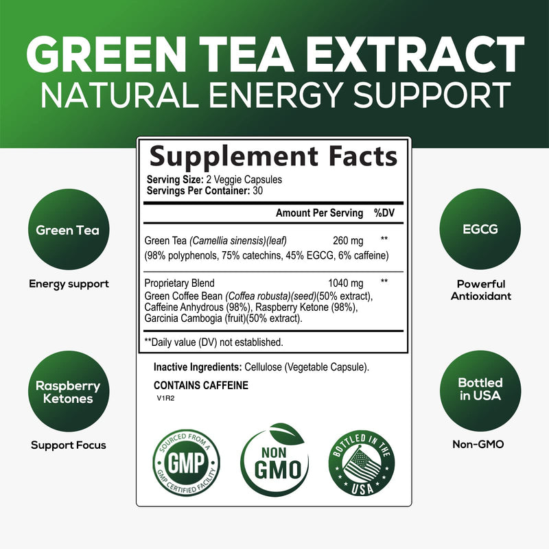 [Australia] - Green Tea Extract Pills - 98% Standardized EGCG 1300mg for Natural Extra Strength Energy - Supports Heart & Antioxidant Health Herbal & Immune Support Supplement Polyphenols Max Potency - 60 Capsules 60 Count (Pack of 1) 