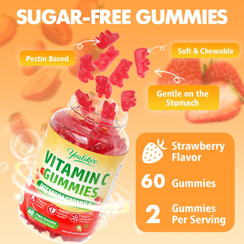 Vitamin C Gummies for Adults, Immune Support Supplement for Energy, 60 Ct | Antioxidant Protection, Non-GMO, Vegan, Sugar-Free, Strawberry Flavor 60 Count (Pack of 1)