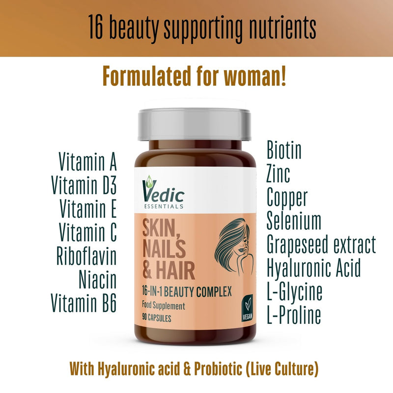 Vedic Skin Hair Nails Beauty Complex | 16-in-1 Vegan Capsules with Hyaluronic Acid, Biotin, Zinc, Selenium, Copper, Vitamins A B C D E | 90 Vegan Capsules