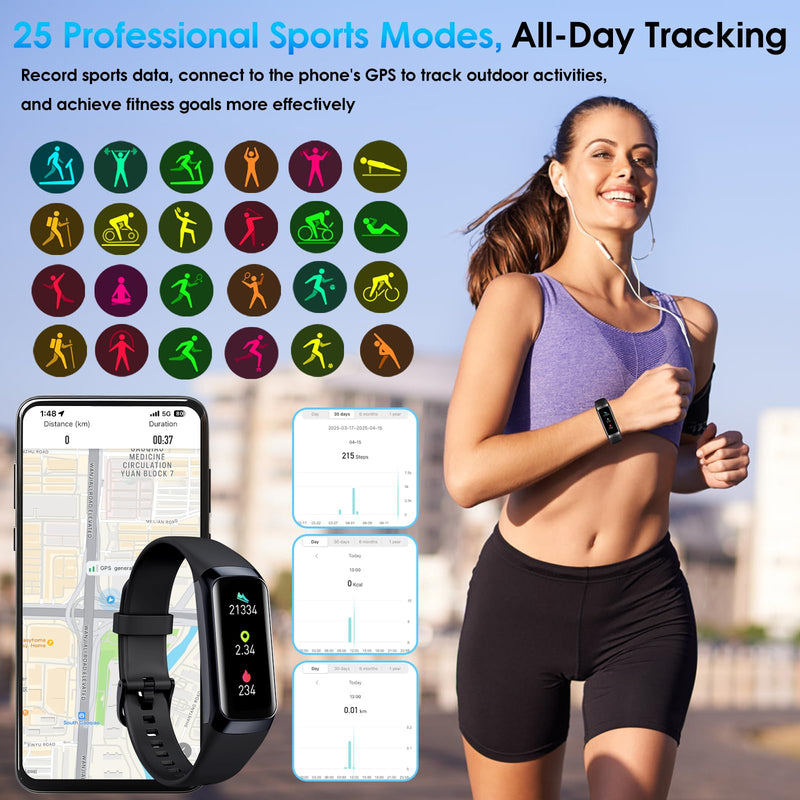 [Australia] - Fitness Tracker, 24/7 Heart Rate Blood Oxygen Blood Pressure Body Temp Monitor Sleep Calorie Tracker with 1.1" AMOLED Touch Color Screen Pedometer Smart Watch Waterproof for Women Men Black 