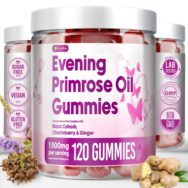 [Australia] - FloraBliss 120 Evening Primrose Oil Gummies | 1500mg | with Black Cohosh, Chasteberry, Ginger Extract for PMS & Menopause Support, Hormonal Balance | Vegan, Non-GMO, Sugar-Free 1 Count (Pack of 120) 