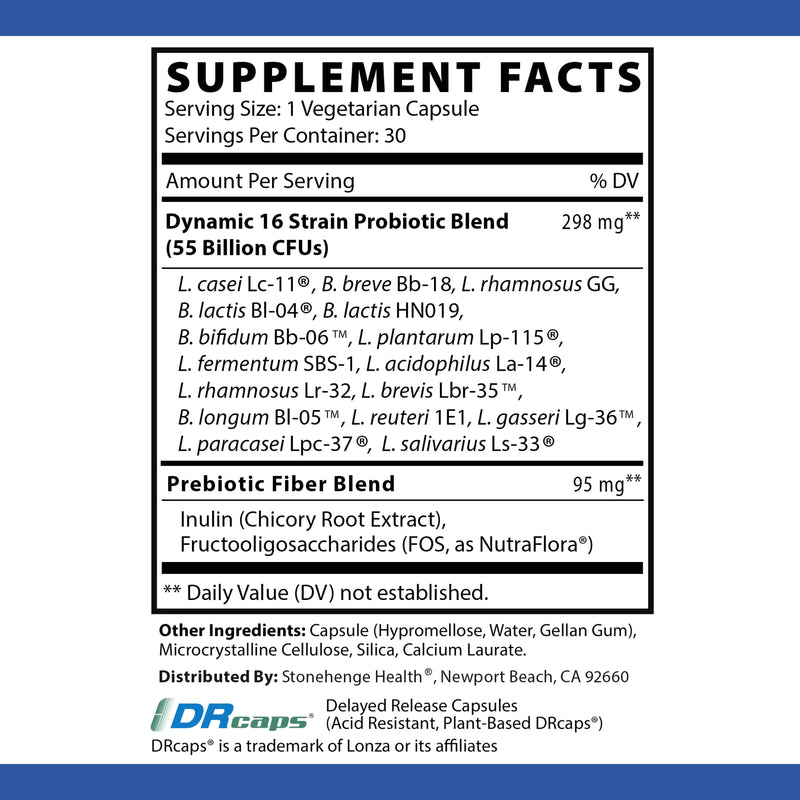 [Australia] - Stonehenge Health Probiotics 55 Billion CFU - 16 Strains, Prebiotic, Synbiotics Dynamic Biotics - Lactobacillus Acidophilus, Delayed Release, Shelf Stable, Non-GMO Gluten Free Veggie Capsule 30 Count (Pack of 1) 