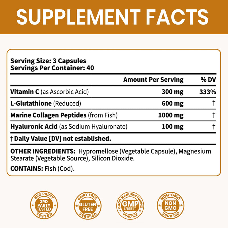 VEV Glutathione Supplement 600mg, Vitamin C & Collagen, 40-Day Supply | Antioxidant Support for Skin Whitening, Hydration & Even-Looking Tone, 120 Capsules