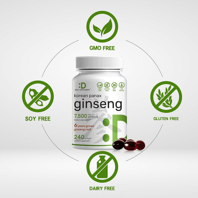 [Australia] - Korean Red Panax Ginseng Root Extract, 7,500mg Per Serving, 240 Softgels – 150mg Active Ginsenosides, 5:1 Max Strength Extract – Energy & Immune Health Supplement – Non-GMO 