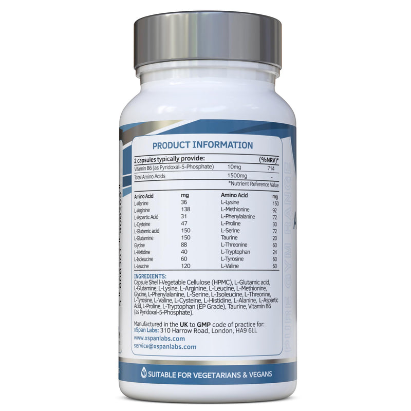 Amino Boost - Full Spectrum 20 Amino Acids Supplement 120 Vegan Capsules |Includes All BCAAs - Free Form pre-digested Amino Acids with Added Advanced Coenzyme Support. No Additives - UK Made