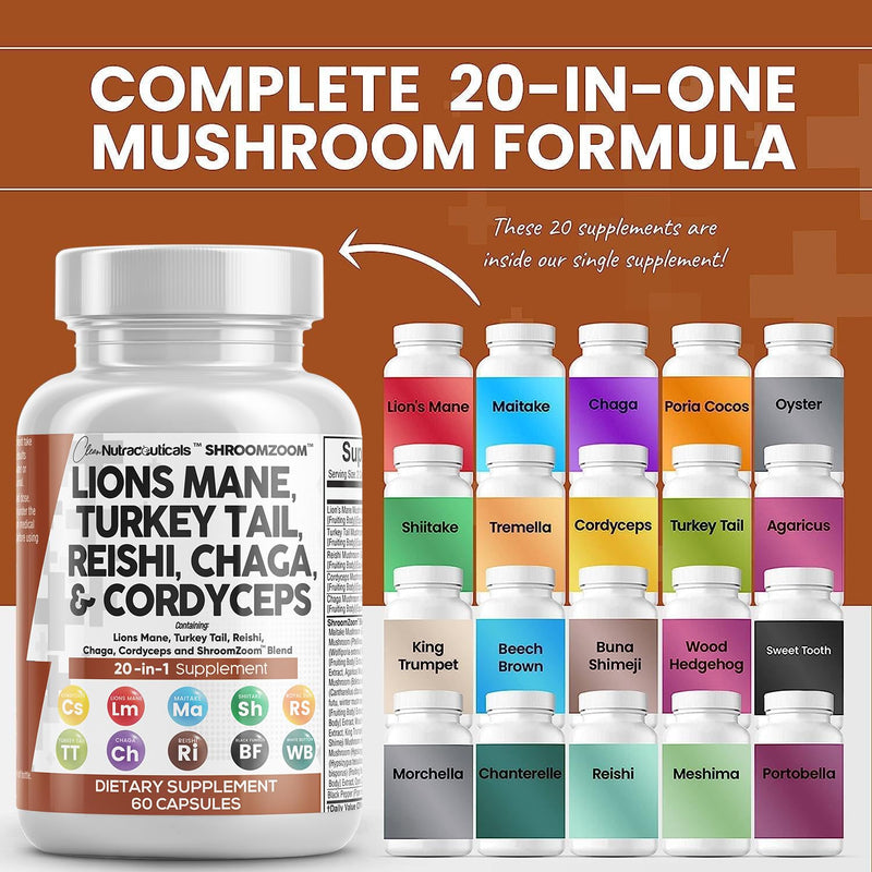 [Australia] - Clean Nutraceuticals Lions Mane 20in1 Mushroom Supplement with Turkey Tail Reishi Cordyceps Chaga Maitake Meshima Poria Cocos Shiitake Oyster Porcini Enoki - 1 Pack 