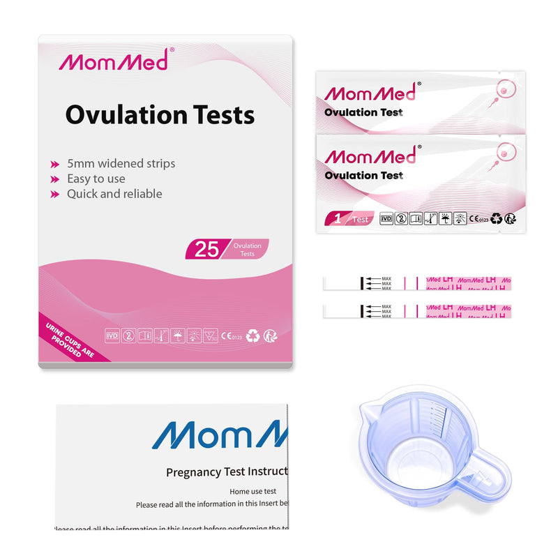 MomMed Ovulation Test Strips (LH25) with 25 Collection Cups, Reliable LH Surge Predictor OPK Kit, Accurately Track Ovulation Test, High Sensitivity Result for Women Home Testing, Pink 1 Count (Pack of 25)